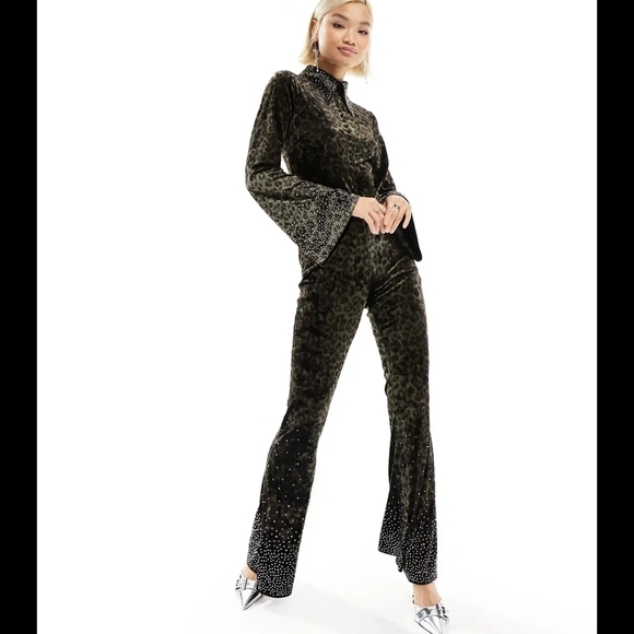 ASOS Black Leopard Print Jumpsuit with Embellished Sleeves